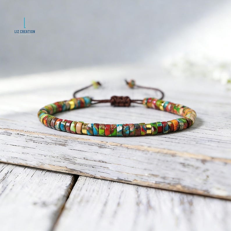 Minimalist Sea Sediment Jasper Stone Bracelet , Natural Dainty Crystal Healing Bracelet, Boho Jewelry Gift Adjustable String