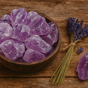 May include: A wooden bowl filled with raw, purple amethyst crystals. A bundle of dried lavender and a single amethyst crystal are next to the bowl. The crystals have a rough, natural texture.