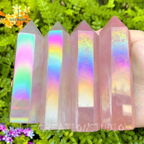 Angel Aura Tower Point - Muestras minerales, varita de obelisco de cristal de cuarzo rosa, regalo de energía positiva