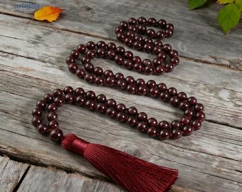 Red Garnet 108 Bead Mala : Hand Knotted Tassel Prayer Necklace, Meditation Jewelry Yoga Gift