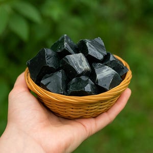 Puede incluir: Una mano sostiene una peque&ntilde;a cesta tejida llena de piedras de color verde oscuro, cortadas en bruto. Las piedras tienen una superficie ligeramente reflectante y formas variadas. La cesta es de color marr&oacute;n claro, sobre un fondo verde borroso.