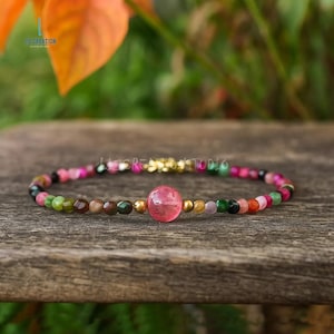 Rainbow Tourmaline Minimalist Bracelet -Natural Strawberry Quartz Stone Dainty Bracelet- Tourmaline Crystal Bracelet, Heart Chakra