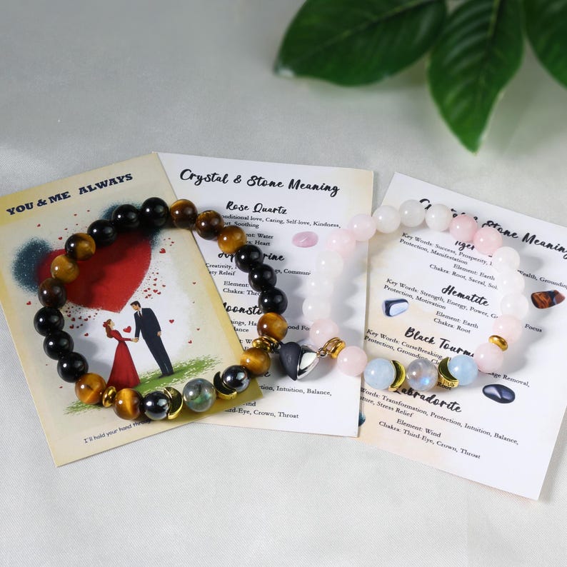 Pode incluir: Duas pulseiras de contas com diferentes tipos de pedras, incluindo &ocirc;nix preto, olho de tigre e quartzo rosa. As pulseiras s&atilde;o exibidas com cart&otilde;es informativos sobre os significados dos cristais. Os cart&otilde;es t&ecirc;m texto e ilustra&ccedil;&otilde;es.