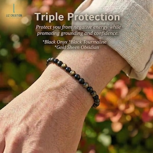 Triple Protection Empath Bracelet, Black Onyx Crystal Bracelet- Natural Tourmaline Stone, Gold Sheen Obsidian image 2