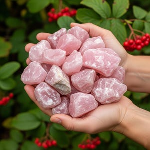 May include: A handful of raw, pink rose quartz stones. The stones vary in size and shape, with a soft, opaque appearance. The background features green foliage and red berries.