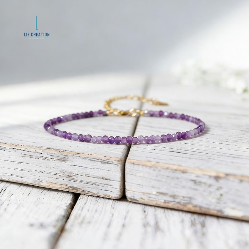 Minimalist Amethyst Crystal Healing Bracelet- Natural Purple Gemstone Bracelet -February Birthstone, Spiritual Awareness Gold-tone Clasp