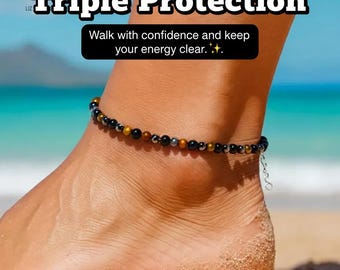 Tobillera delicada de triple protección: hematita, obsidiana negra y ojo de tigre. Joya minimalista para proteger los pies.
