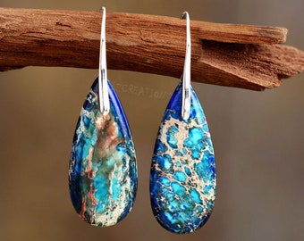 Sea Sediment Chakra Earrings-Natural Blue Gemstone Dangle Earrings-Healing Drop Earrings-Inner Peace Meditation Grounding Earrings Gift