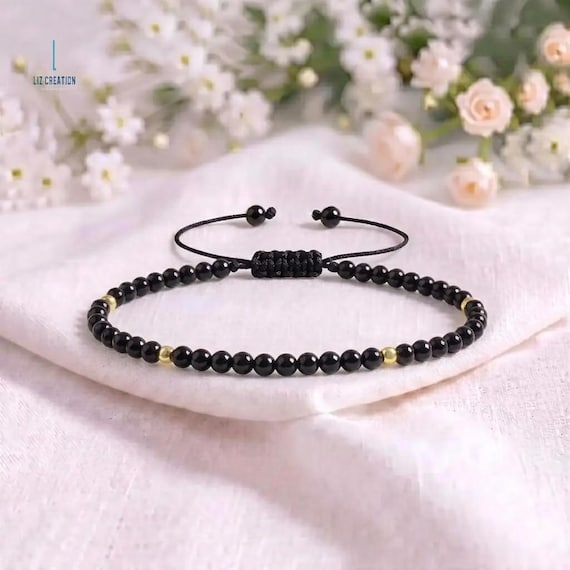 Minimalist Black Obsidian Crystal Healing Bracelet -Natural Gemstone Dainty Bracelet- Spiritual Protection Gift