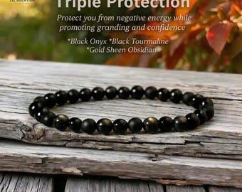 Triple Protection Empath Bracelet, Black Onyx Crystal Bracelet- Natural Tourmaline Stone, Gold Sheen Obsidian