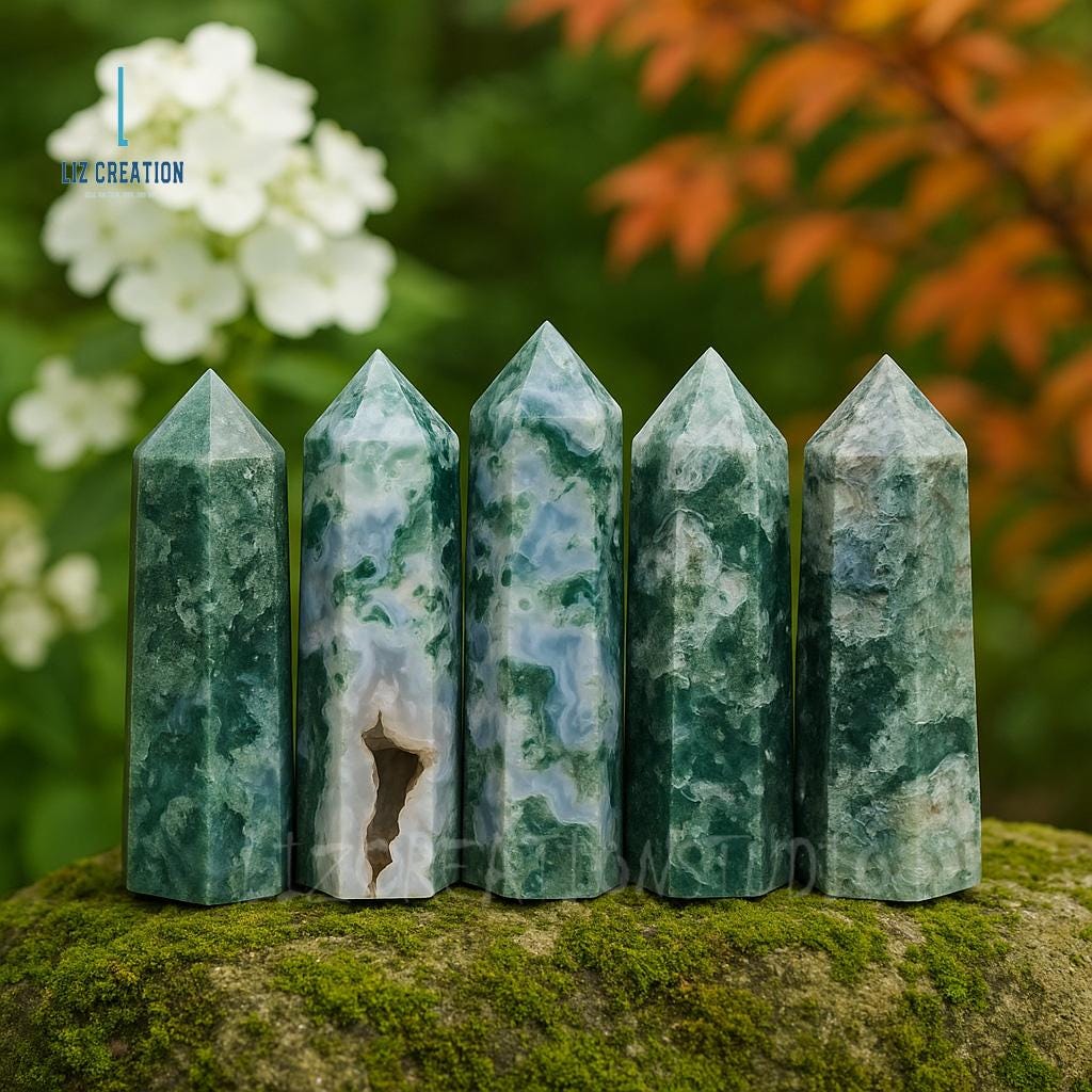 モスアゲートタワーポイント、天然宝石オベリスクワンド、鉱物標本