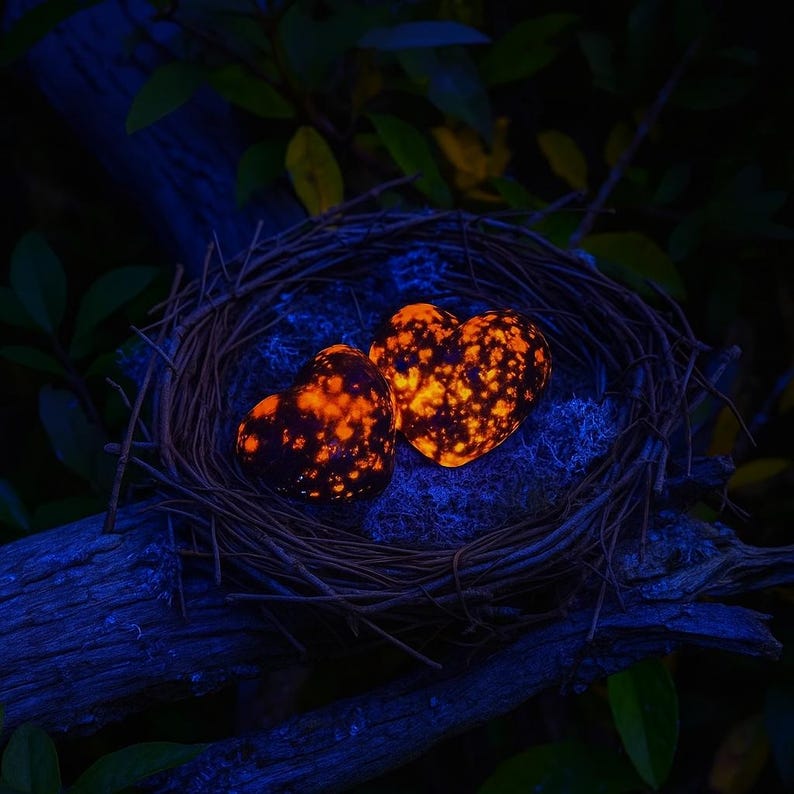 Puede incluir: Dos piedras en forma de coraz&oacute;n con motas naranjas y negras brillan dentro de un nido de ramitas. El nido descansa sobre una superficie azul, rodeado de follaje verde oscuro. Las piedras parecen estar iluminadas desde dentro.