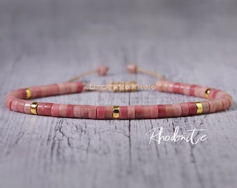 Minimalist Grade A++ Rhodonite Bracelet -Natural Rhodonite Stone Dainty Bracelet- Delicate Rhodonite Crystal Bracelet - Heart Chakra Gift