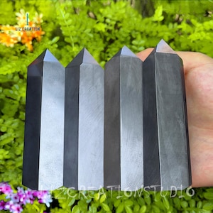 May include: Four dark gray obelisk crystals with faceted tops. The crystals are held in a hand against a backdrop of green foliage and flowers. The logo "LIZ CREATION" is visible in the upper left corner and "LIZCREATIONSTUDIO" at the bottom.