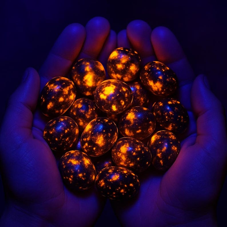 May include: A cluster of glowing, speckled orbs held in cupped hands. The orbs have a dark base colour with vibrant orange and yellow patterns, creating a celestial or galaxy-like appearance. The hands are illuminated by a blue light.