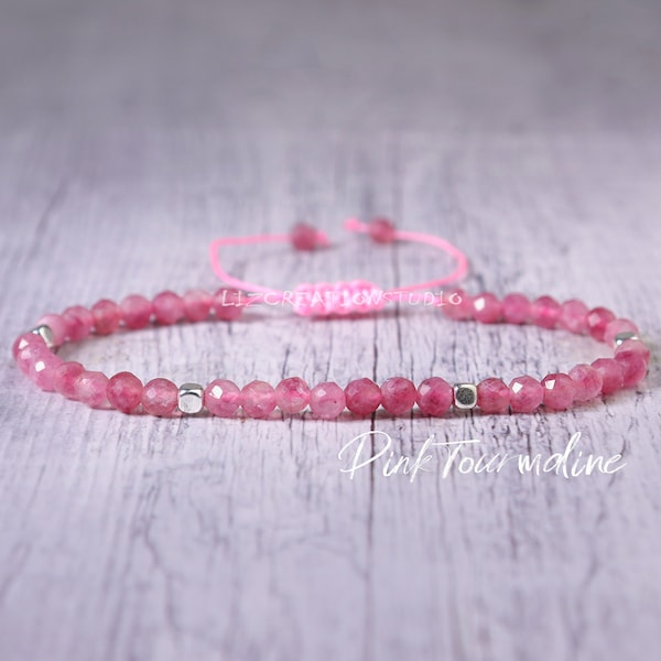 Pink Tourmaline Minimalist Bracelet -Natural Stone Dainty Bracelet- Healing Crystal Delicate Spiritual Protection October Birthstone Gift