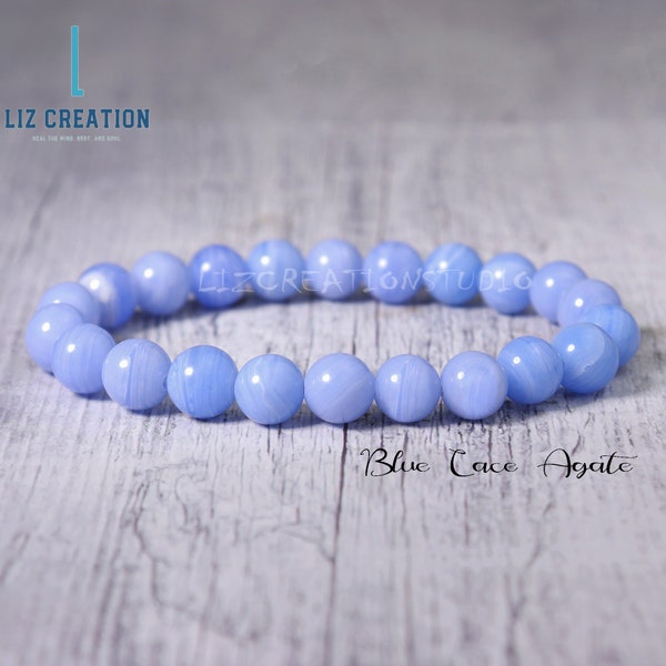 Blue Lace Agate Bracelet - Natural Stone Stretch Bracelet- Healing Crystal Yoga Bracelet -Spiritual Protection November Birthstone Gift