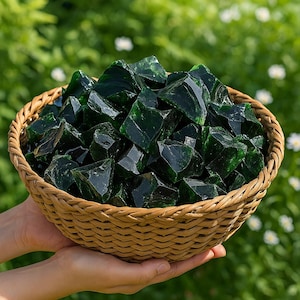 Puede incluir: Una cesta de mimbre llena de numerosos trozos de vidrio verde oscuro. Las piezas de vidrio tienen bordes irregulares y dentados y reflejan la luz, creando un efecto brillante. La cesta se sostiene sobre un fondo verde borroso.