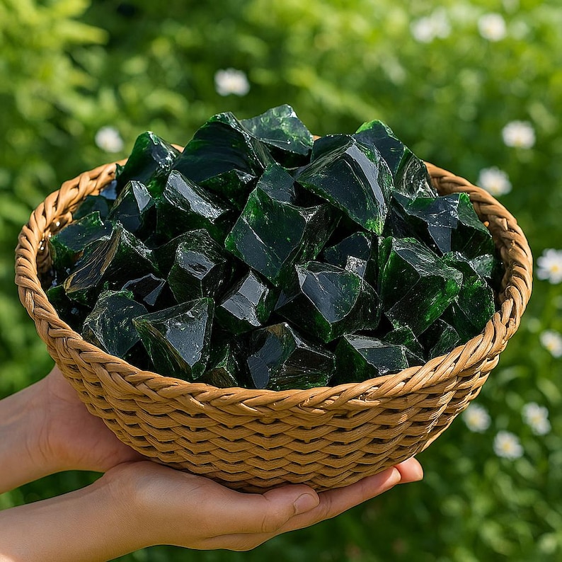 Puede incluir: Una cesta de mimbre llena de numerosos trozos de vidrio verde oscuro. Las piezas de vidrio tienen bordes irregulares y dentados y reflejan la luz, creando un efecto brillante. La cesta se sostiene sobre un fondo verde borroso.