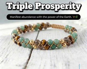 Triple Prosperity-armband, groene aventurijn tijgeroog rookkwarts overvloed sieraden, succeskristalcadeau