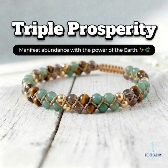 Triple Prosperity Bracelet, Green Aventurine Tiger Eye Smoky Quartz Abundance Jewelry, Success Crystal Gift