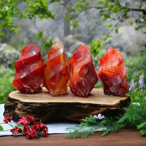 May include: Four red carnelian crystal flame shaped stones on a wooden base. The stones are a deep red color with white and orange swirls.
