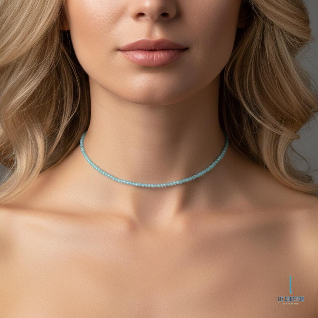 Collier Ras Du Cou En Argent 925 Avec Topaze Bleue Biseautée 6mm - Neuf Sans Emballage
