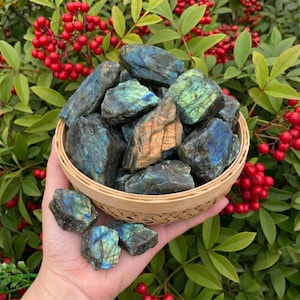 Puede incluir: Una colección de piedras de labradorita en bruto en una pequeña cesta tejida. Las piedras muestran destellos iridiscentes azules, verdes y dorados. La cesta se sostiene en una mano, rodeada de hojas verdes y bayas rojas, creando una estética natural y terrosa.