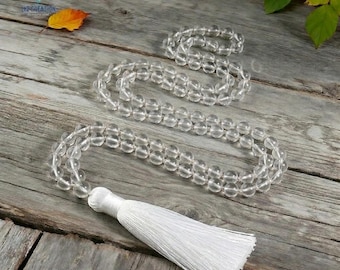 Clear Quartz Mala • 108 Bead Prayer Necklace with Tassel • Natural Crystal Meditation & Yoga Healing Jewelry