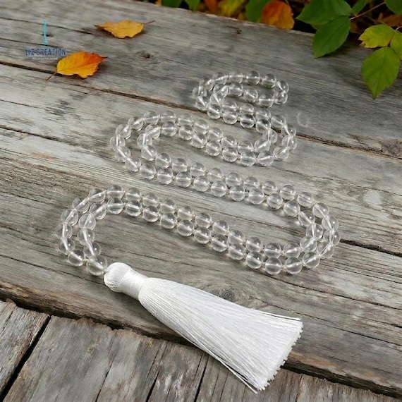 Clear Quartz Mala • 108 Bead Prayer Necklace with Tassel • Natural Crystal Meditation & Yoga Jewelry