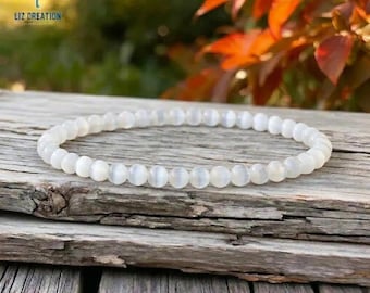 4mm Dainty Selenite Crystal Healing Bracelet, Natural Gemstone Bracelet ,Crown Chakra, Moon Energy Gift