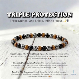 4mm Triple Protection Bracelet, Healing Crystal Tiger Eye ,Natural Obsidian Stone, Hematite, Root Chakra