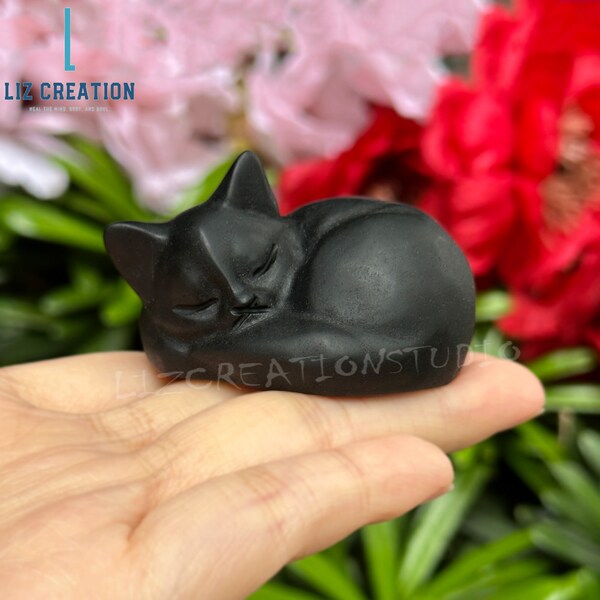 Natural Obsidian Stone Sleep Cat Carving, Hand Craved Crystal Sleeping Cat ,Reiki Healing Crystal Sculpture,Mineral Specimen Home Decor Gift