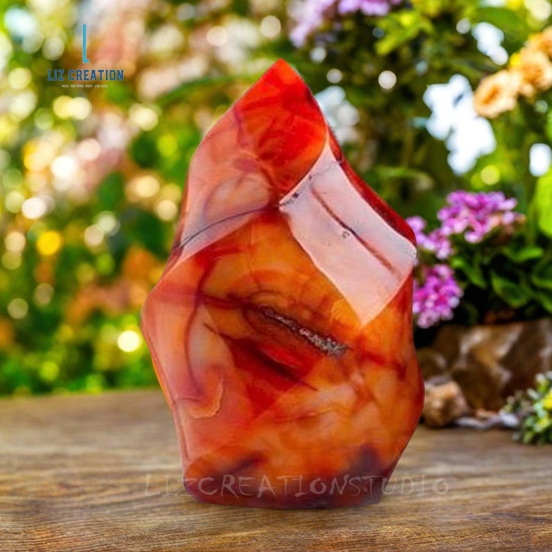 May include: A large, red, orange, and white carnelian crystal in a freeform shape. The crystal is polished and has a smooth, glossy finish. It is sitting on a wooden surface.