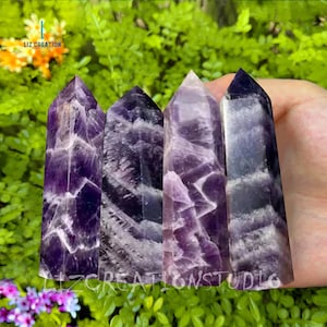 Natural Stone Chevron Amethyst Tower Point- Amethyst Crystal Obelisk Wand, Mineral Specimen Crystal Gift, Crown Chakra, February Birthstone