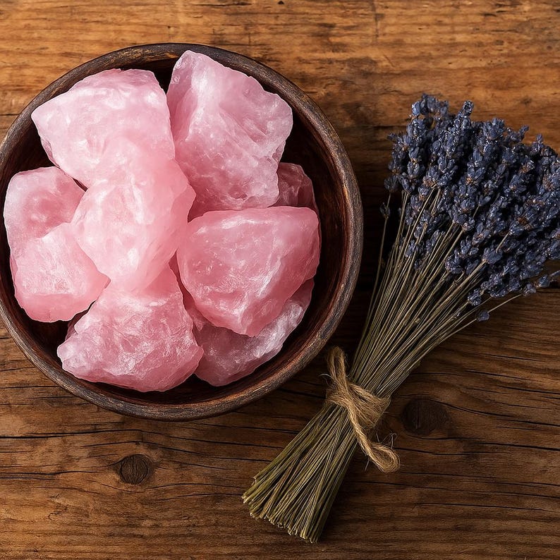 May include: A wooden bowl filled with rough, pink rose quartz crystals sits on a wooden surface. A bundle of dried lavender with purple flowers and green stems is tied with twine, resting beside the bowl. The scene is lit with natural light.