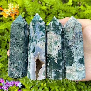 Moss Agate Tower, Moss Agate Point, Natural Stone Obelisk Wand, Mineral Specimens Crystal Collection  Energy Home Decor Heart Chakra