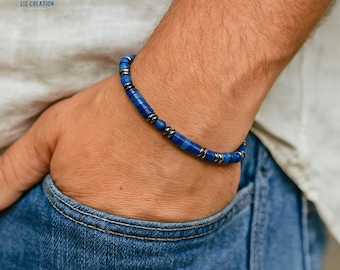 Men's Lapis Lazuli Gemstone Protection Bracelet, Natural Hematite Crystal Bracelet, Stone of Wisdom, Truth