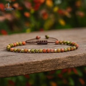 Natural Unakite Stone Minimalist Bracelet, Delicate Unakite Crystal Dainty Bracelet, Patience, Perspective, Heart Chakra, Stone of Vision