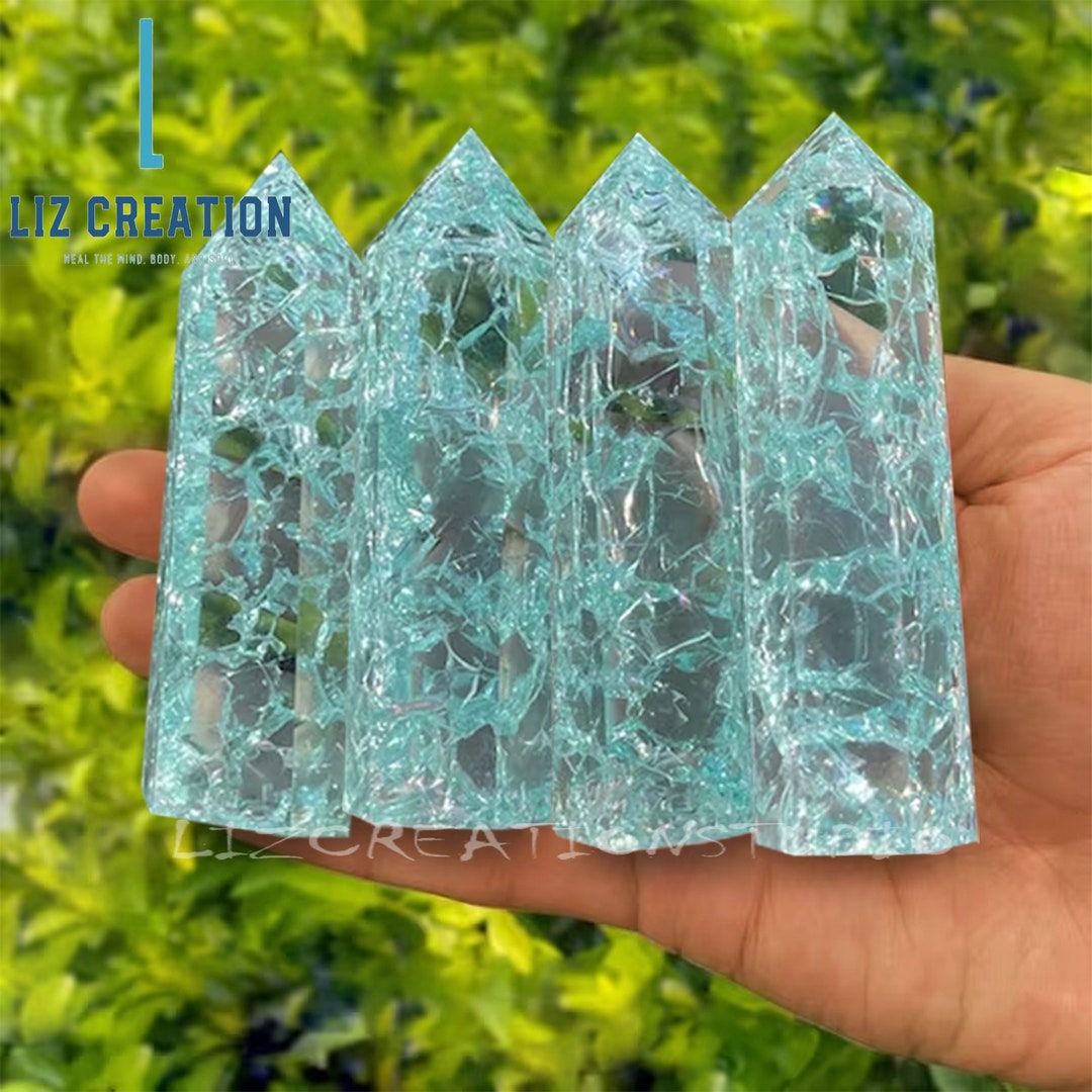 Blue Crackle Quartz Tower Point Clear Crackle Gemstone Crystal Obelisk