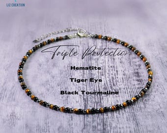 Triple Protection Crystal Minimalist Choker, Natural Stone Dainty Necklace, Black Tourmaline, Tiger Eye, Hematite