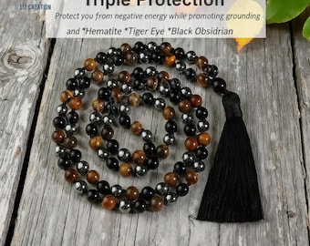 Dreifach Schutz Mala Gebetskette: 108 Perlen, Obsidian, Hämatit, Tigerauge
