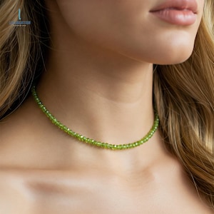 Peridot Necklace, Peridot Crystal Beaded Dainty Choker, Natural Peridot Stone Necklace, August Birthstone Minimalist Healing, Heart Chakra