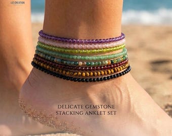 Dainty Gemstone Stacking Anklets - Minimalist Crystal Beads Ankle Bracelets - Boho Summer Jewelry