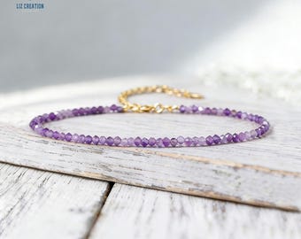 Bracelet minimaliste en cristal d'améthyste - Bracelet délicat en pierres naturelles - Pierre de naissance de février, cadeau paix et clarté