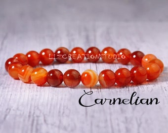 Carnelian Beaded Bracelet -Natural Stone Stretch Bracelet- Healing Crystal Yoga Bracelet -Spiritual Protection Gift