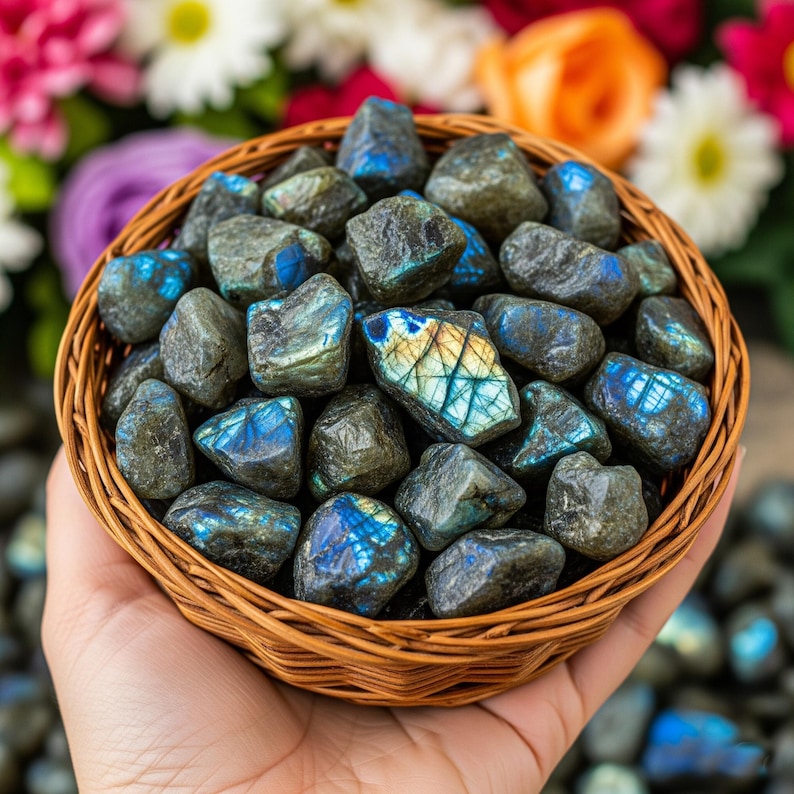 May include: A woven basket filled with tumbled labradorite stones. The stones are primarily gray with flashes of blue, green, and gold iridescence. The basket is held in a hand, with a blurred floral background.