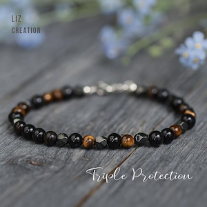 Triple Protection Bracelet, Hematite Dainty Bracelet, Natural Black Obsidian Stone Bracelet, Tiger Eye Crystal Minimalist Gift, Root Chakra