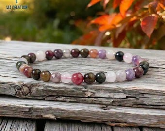 6 mm regenboog toermalijn armband – natuurlijke veelkleurige edelsteen, geboortesteen oktober
