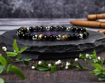 Generico ALCHIMIA Bracciale In Onice Nero Con Chip Di Pietra Naturale Vera - Elastico, Con Cartellino Illustrativo Delle Proprietà - 3